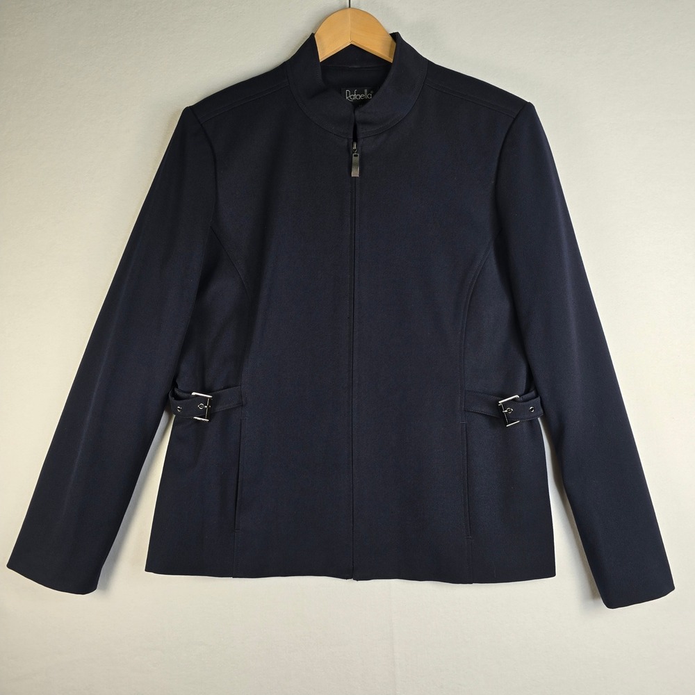 Rafaella Navy Blue Zip Front Mock Neck Jacket with Side Buckles Size 14